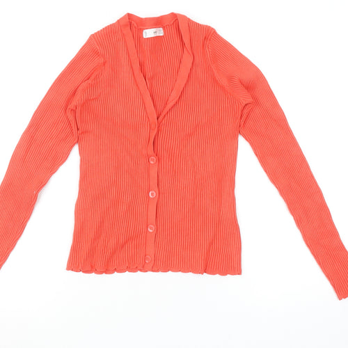MNG Women's Orange Ribbed Viscose Cardigan Size 12 V-Neck Slim Fit