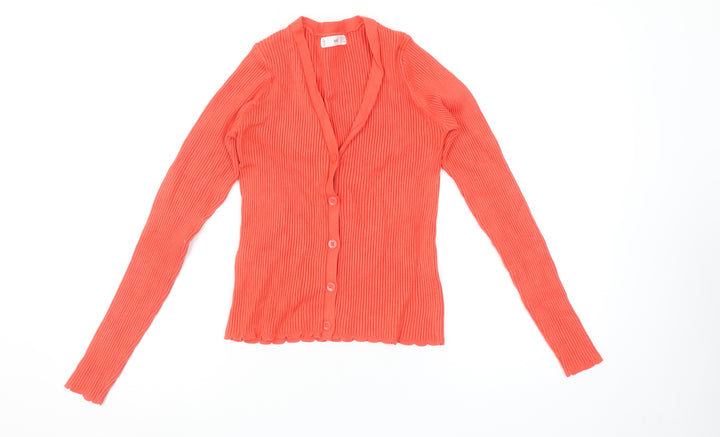 MNG Women's Orange Ribbed Viscose Cardigan Size 12 V-Neck Slim Fit