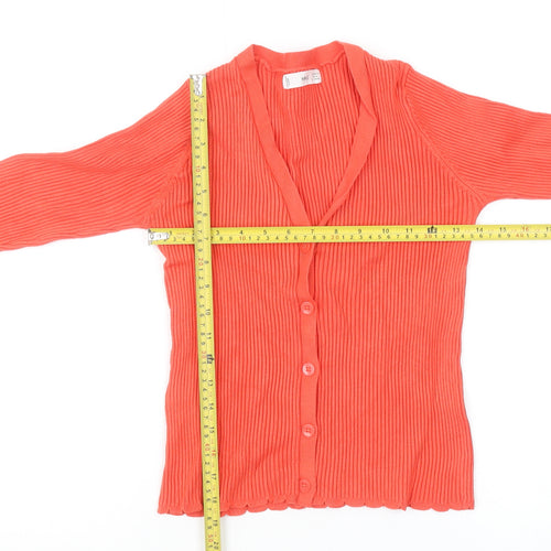 MNG Women's Orange Ribbed Viscose Cardigan Size 12 V-Neck Slim Fit