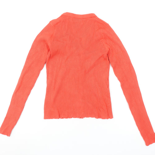 MNG Women's Orange Ribbed Viscose Cardigan Size 12 V-Neck Slim Fit