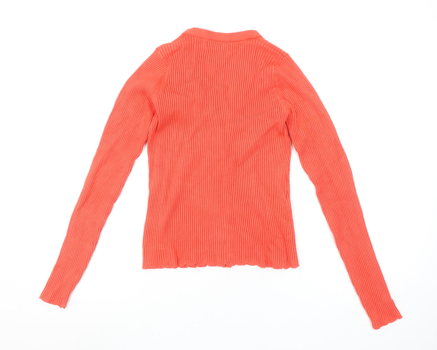 MNG Women's Orange Ribbed Viscose Cardigan Size 12 V-Neck Slim Fit