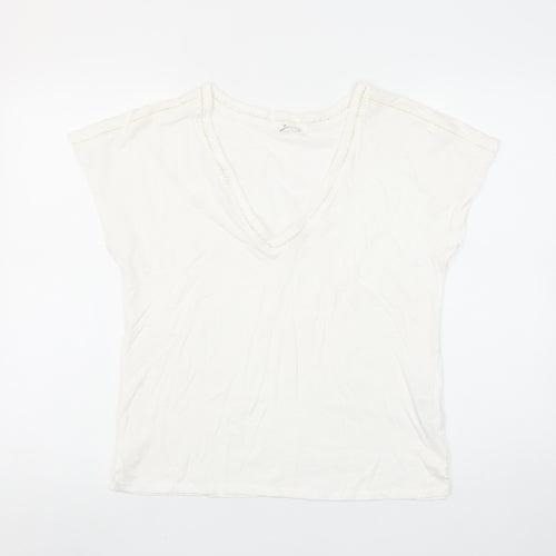 Springfield Women Ivory V-Neck Crochet Trim Cotton T-Shirt Size S