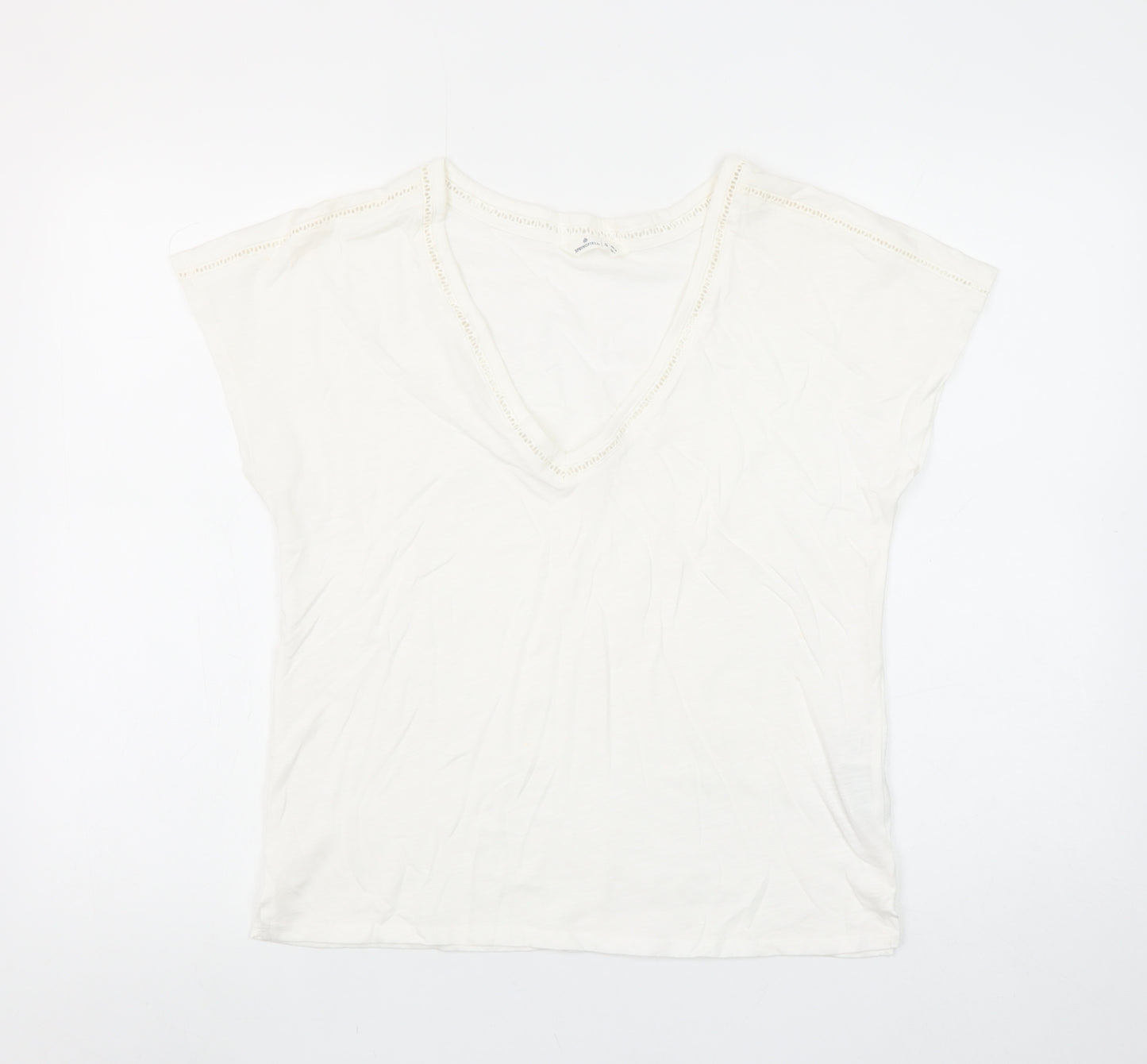 Springfield Women Ivory V-Neck Crochet Trim Cotton T-Shirt Size S