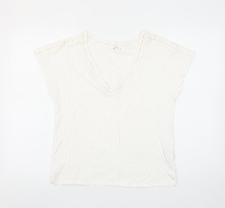 Springfield Women Ivory V-Neck Crochet Trim Cotton T-Shirt Size S