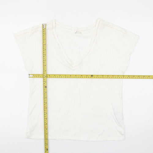 Springfield Women Ivory V-Neck Crochet Trim Cotton T-Shirt Size S