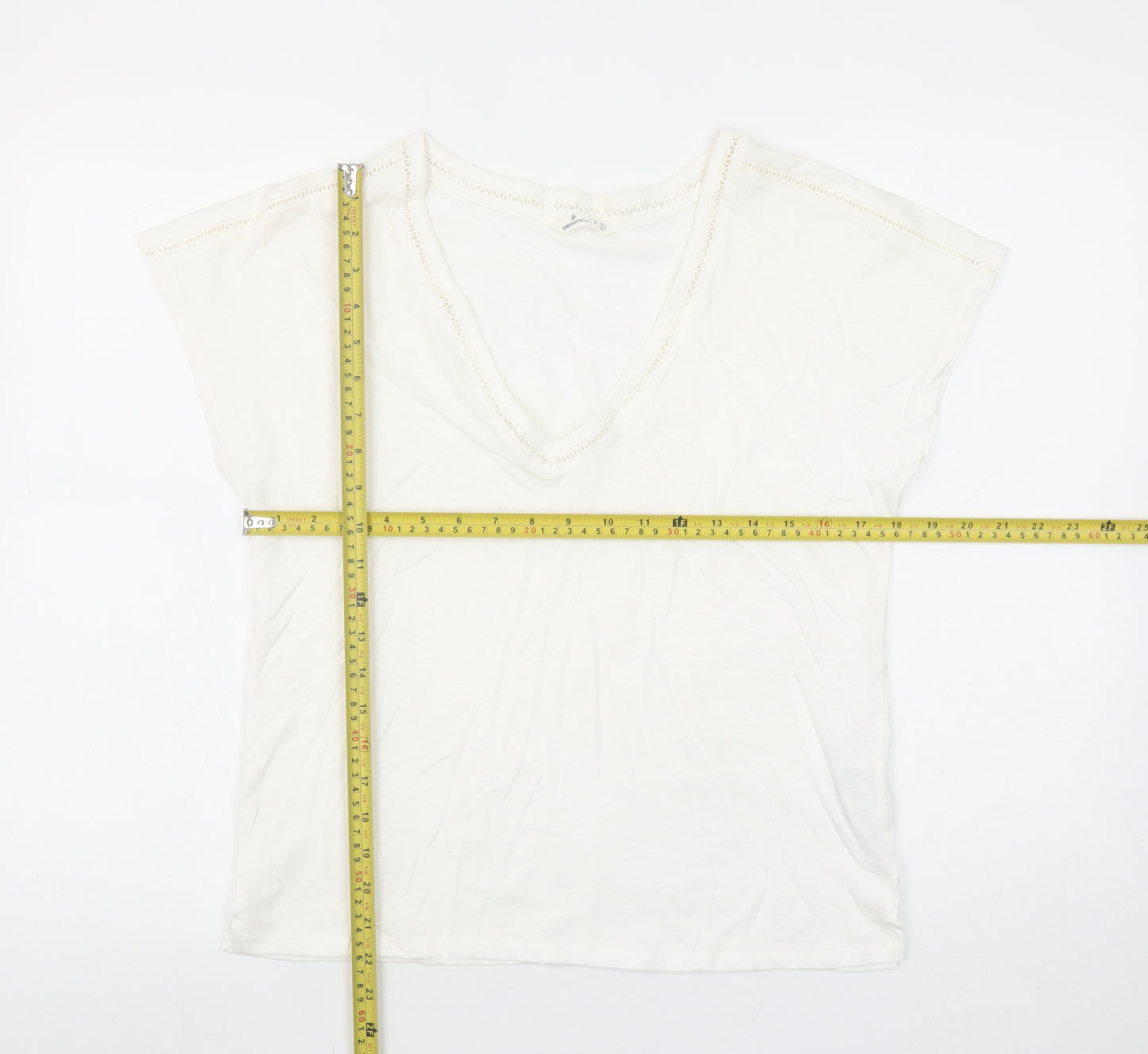 Springfield Women Ivory V-Neck Crochet Trim Cotton T-Shirt Size S