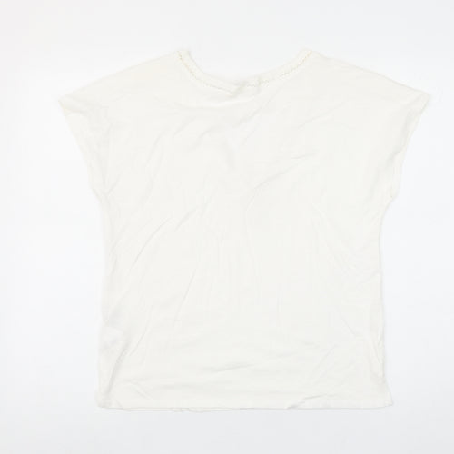 Springfield Women Ivory V-Neck Crochet Trim Cotton T-Shirt Size S