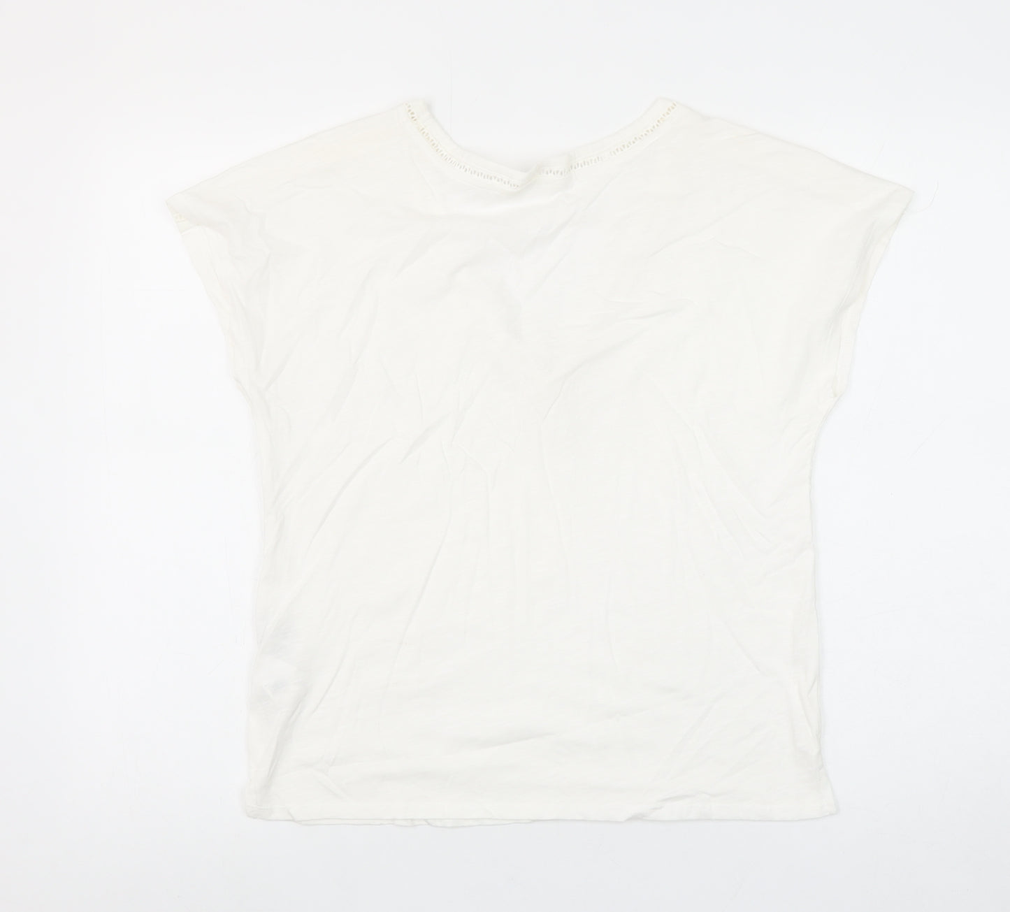 Springfield Women Ivory V-Neck Crochet Trim Cotton T-Shirt Size S