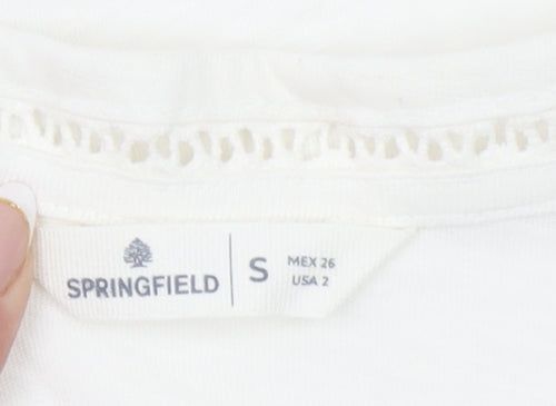 Springfield Women Ivory V-Neck Crochet Trim Cotton T-Shirt Size S