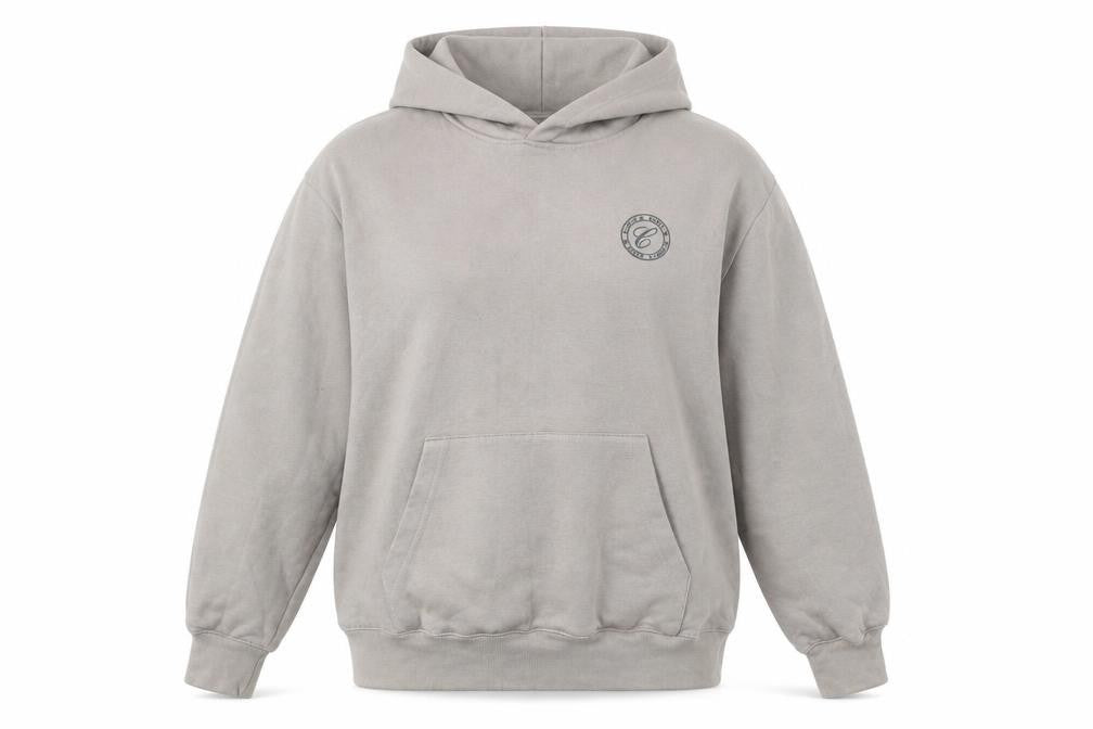 Front view of Closure London women’s beige pullover hoodie, size M, cotton blend