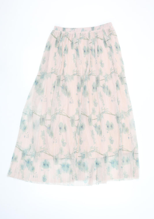 H&M Women’s Pink Floral Pleated Midi Skirt Size 8 Polyester Lined