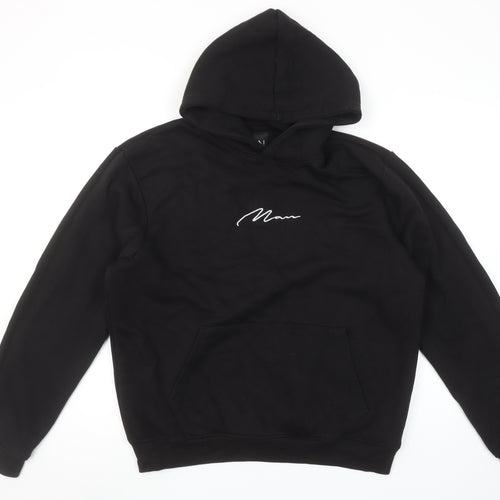 boohooMAN Men Black Pullover Hoodie M Regular Fit Embroidered Logo