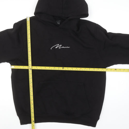 boohooMAN Men Black Pullover Hoodie M Regular Fit Embroidered Logo