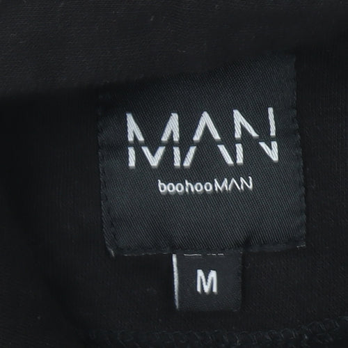 boohooMAN Men Black Pullover Hoodie M Regular Fit Embroidered Logo