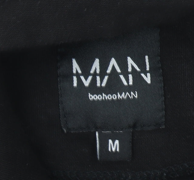 boohooMAN Men Black Pullover Hoodie M Regular Fit Embroidered Logo