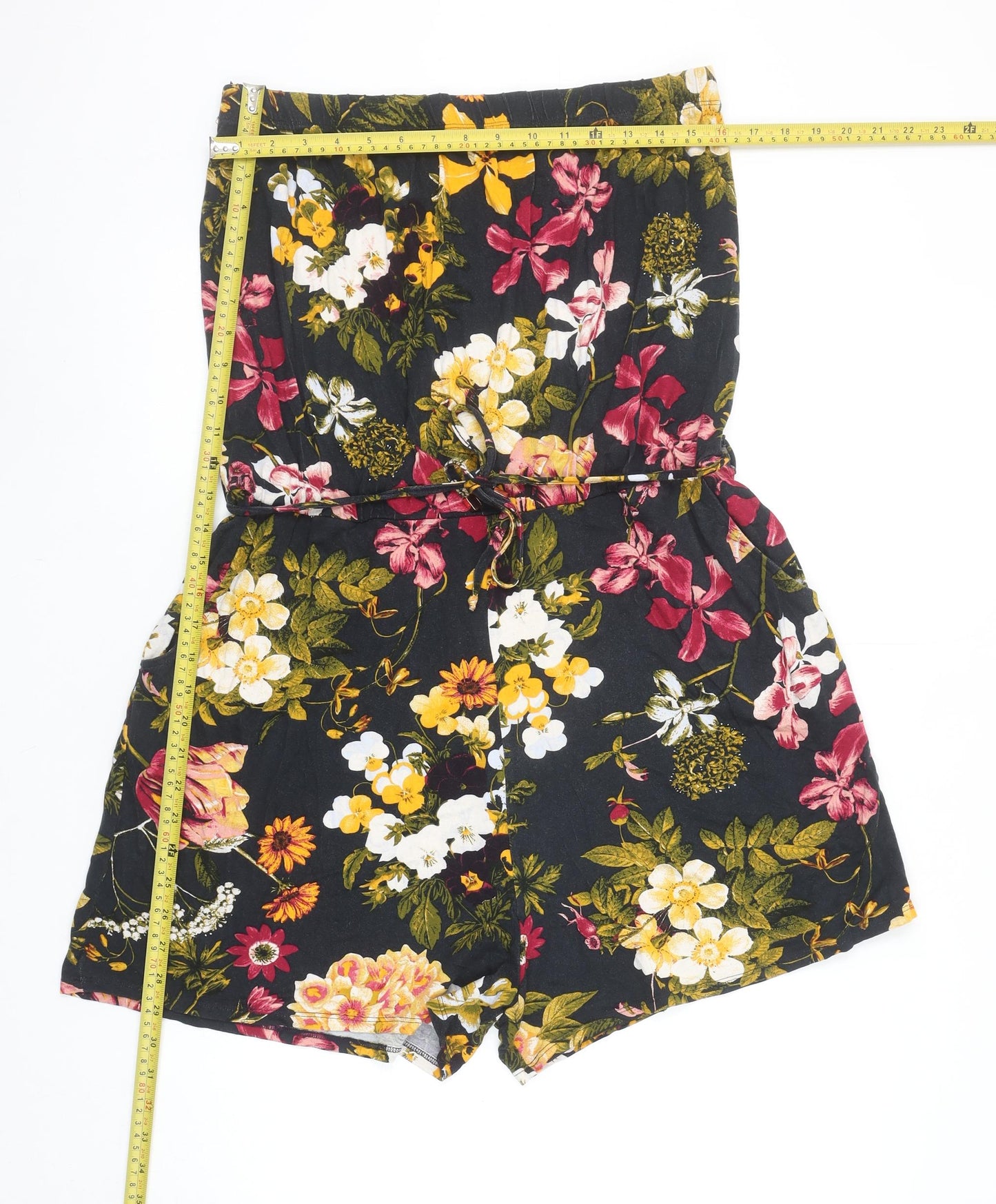 Next Women's Black Floral Strapless Playsuit Size 18 Viscose Blend