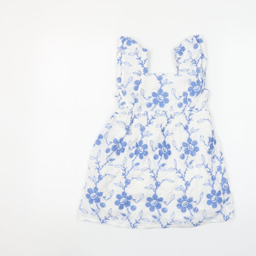 Zara Girls White Blue Floral Embroidered A-Line Dress 4-5 Years