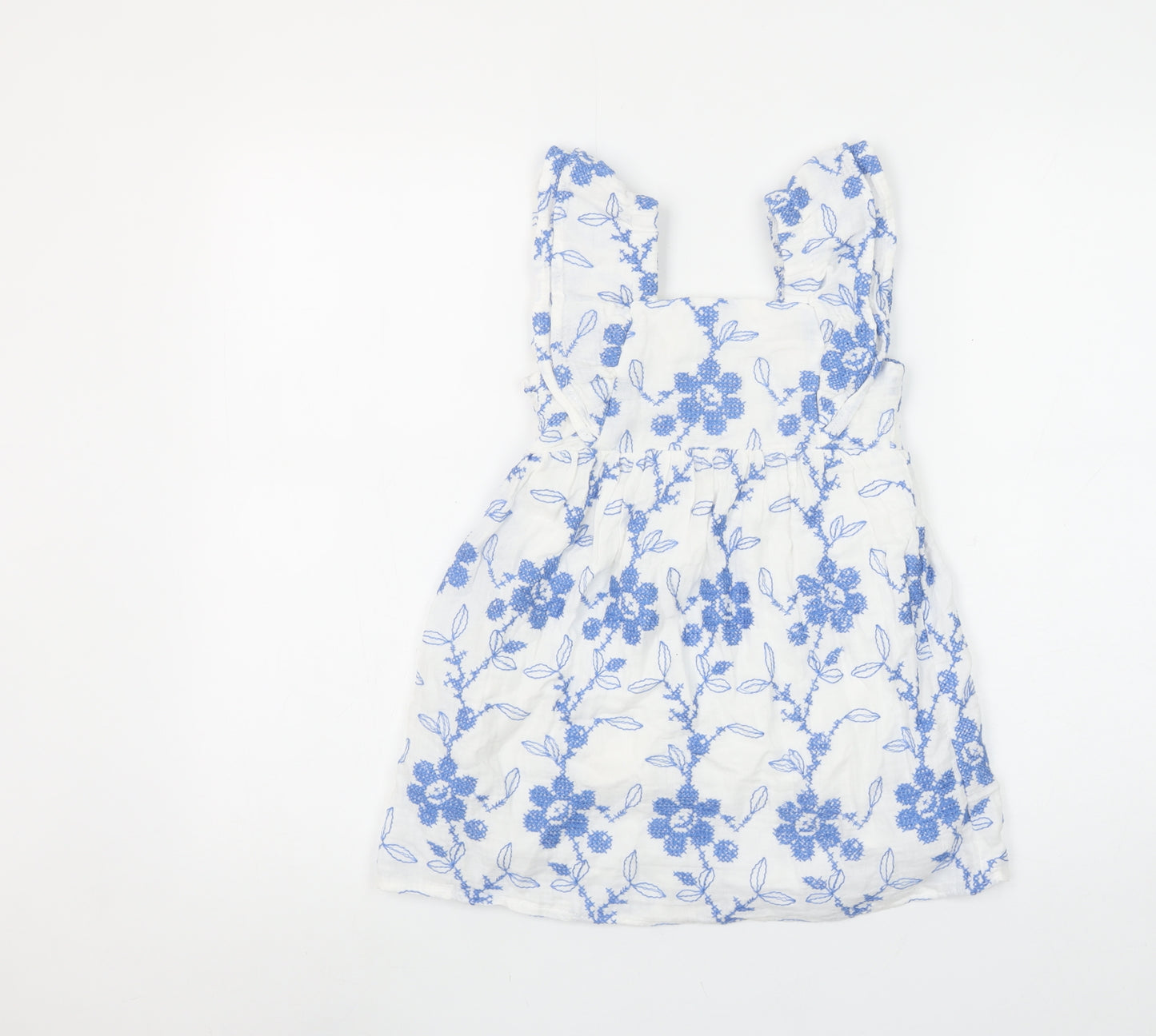 Zara Girls White Blue Floral Embroidered A-Line Dress 4-5 Years