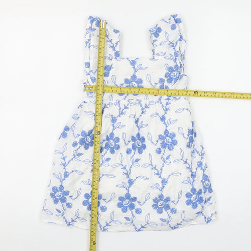 Zara Girls White Blue Floral Embroidered A-Line Dress 4-5 Years