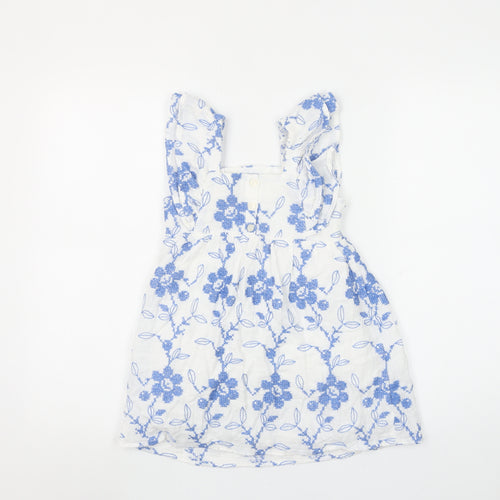 Zara Girls White Blue Floral Embroidered A-Line Dress 4-5 Years