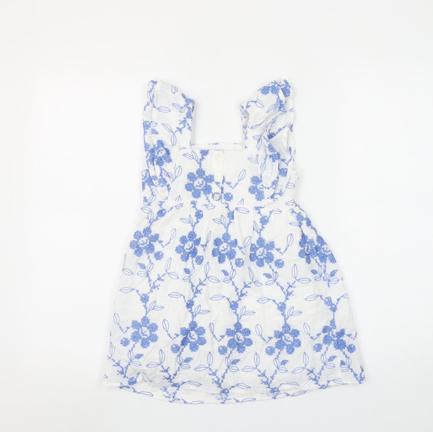 Zara Girls White Blue Floral Embroidered A-Line Dress 4-5 Years