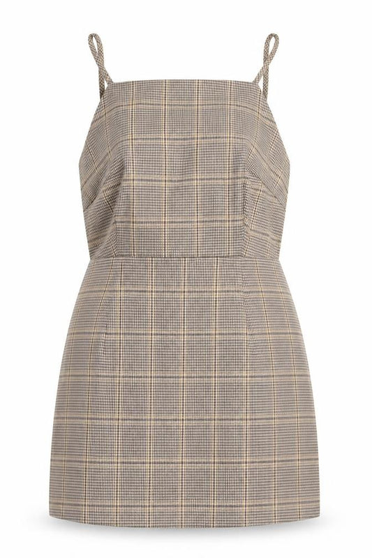 Front view of In The Style Women's Brown Check Pinafore Mini Dress, size 10