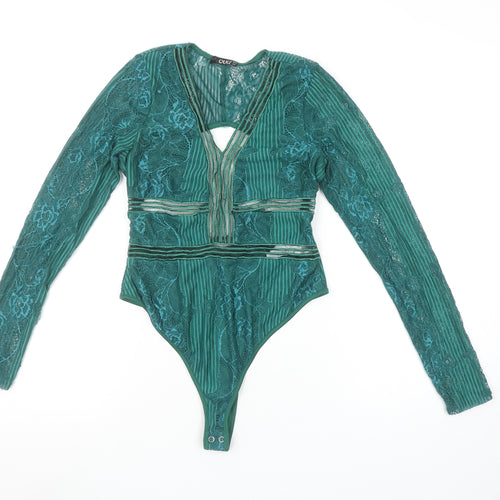 Quiz Women Green Lace Long Sleeve Bodysuit Size 12 Elegant Partywear