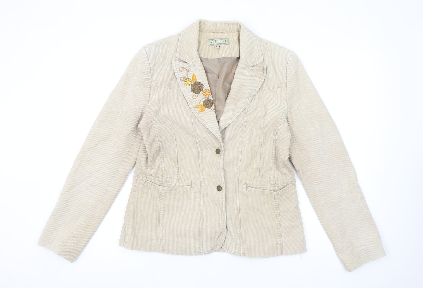 Alibi Women’s Beige Corduroy Floral Embroidered Blazer Size 12
