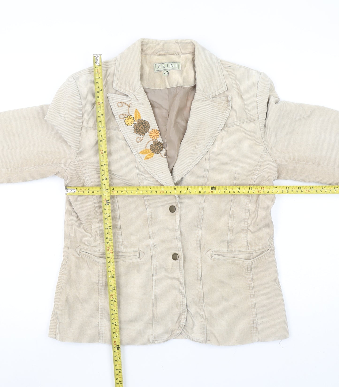 Alibi Women’s Beige Corduroy Floral Embroidered Blazer Size 12