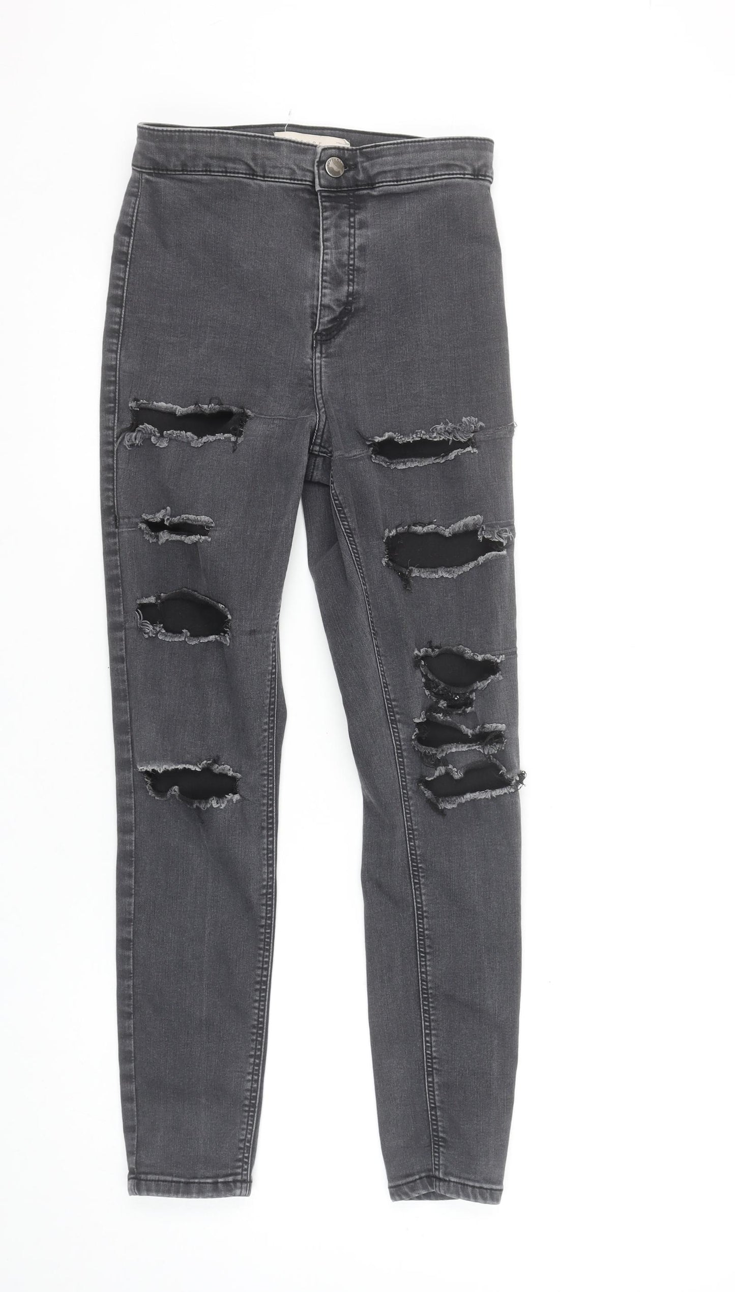 Topshop Women Grey Distressed Skinny Jeans Size 10 High Rise Stretch Denim