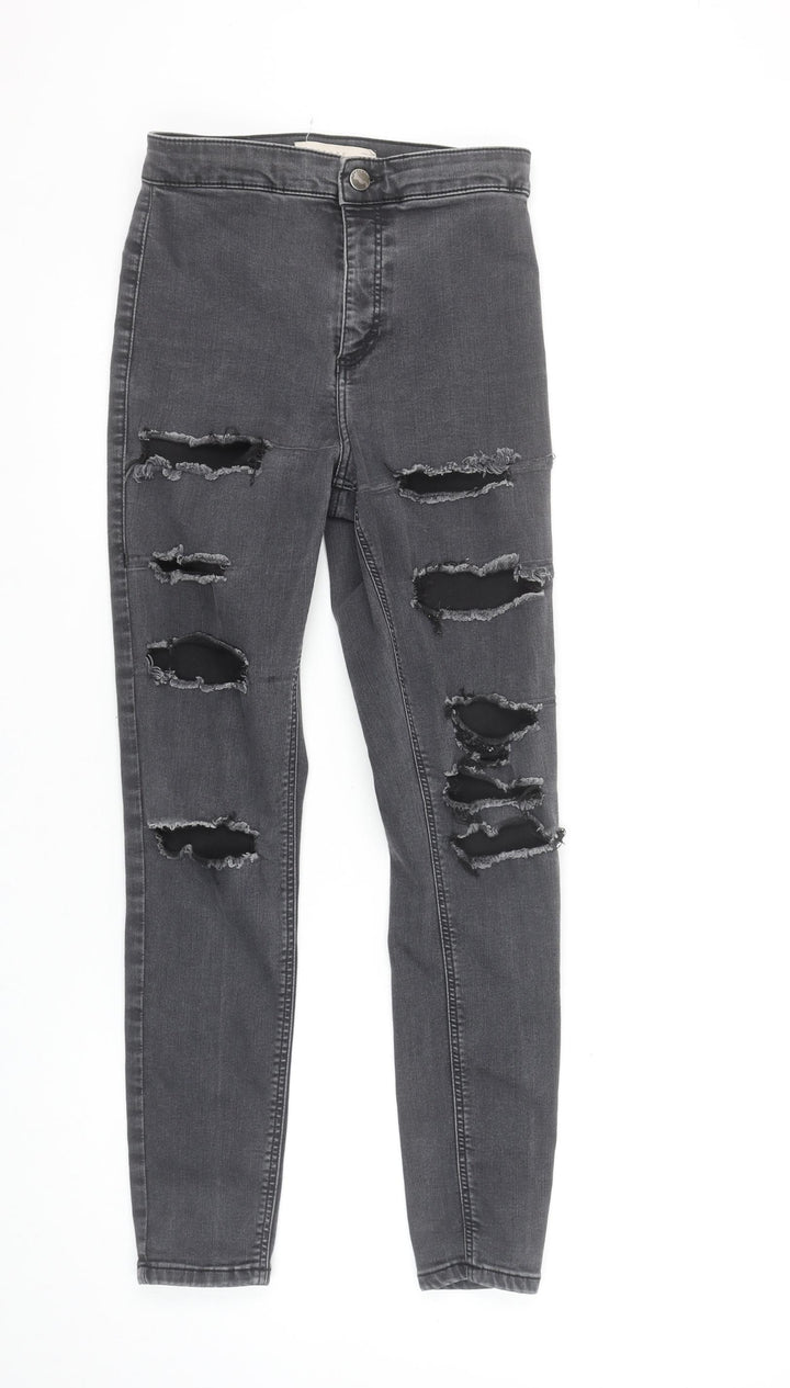 Topshop Women Grey Distressed Skinny Jeans Size 10 High Rise Stretch Denim