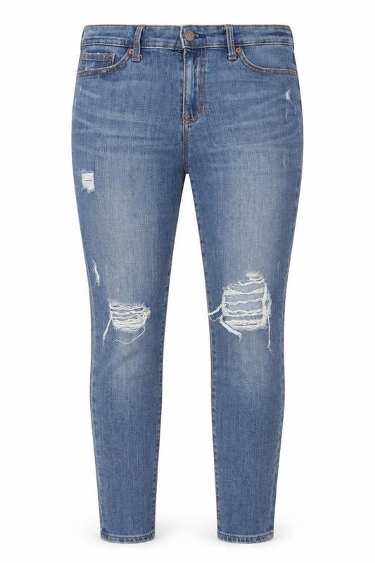 Front view of Gap women’s blue distressed mid rise jegging jeans, size UK 10r