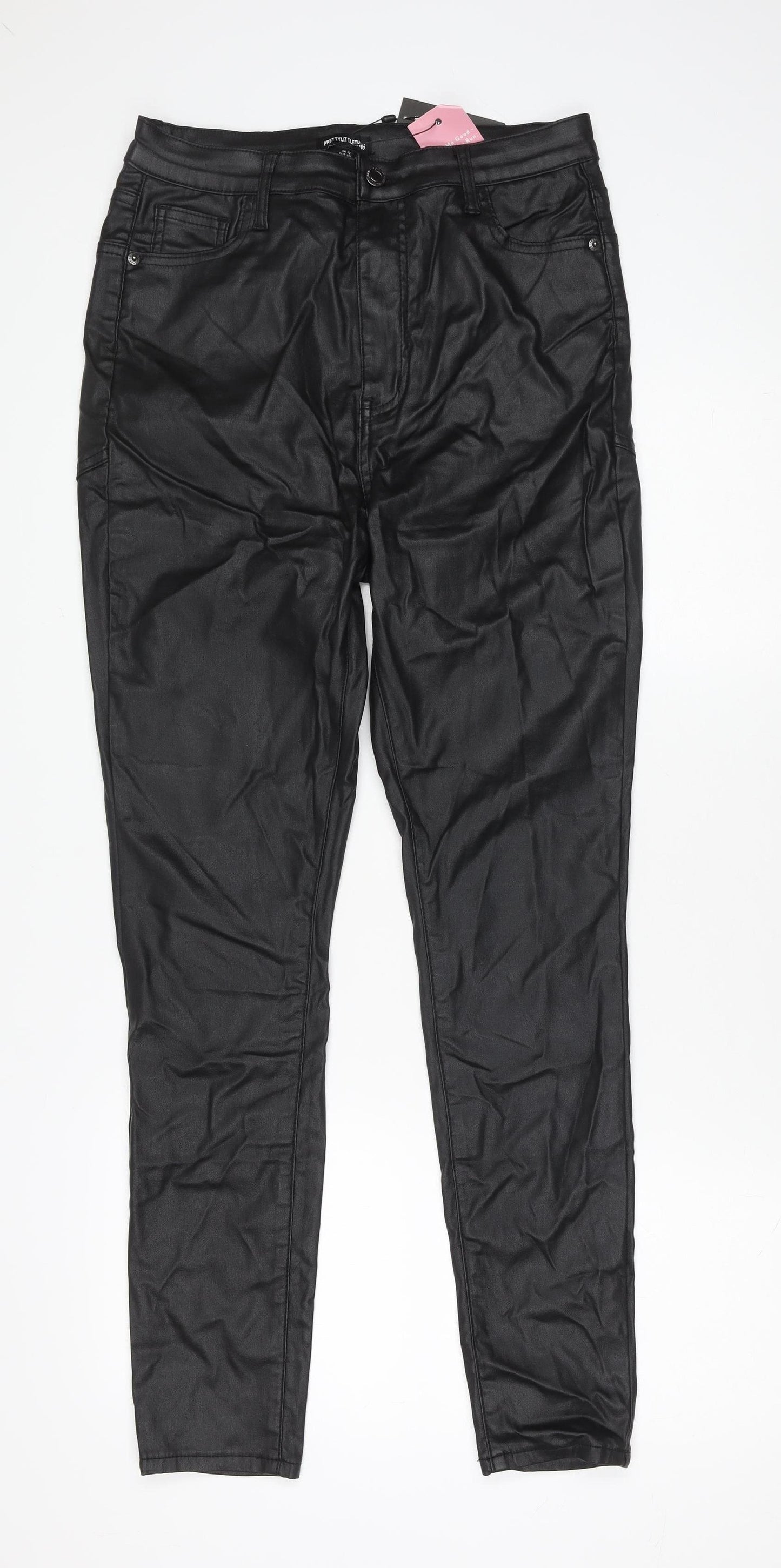PrettyLittleThing Women's Black Faux Leather High Rise Skinny Trousers Size 12