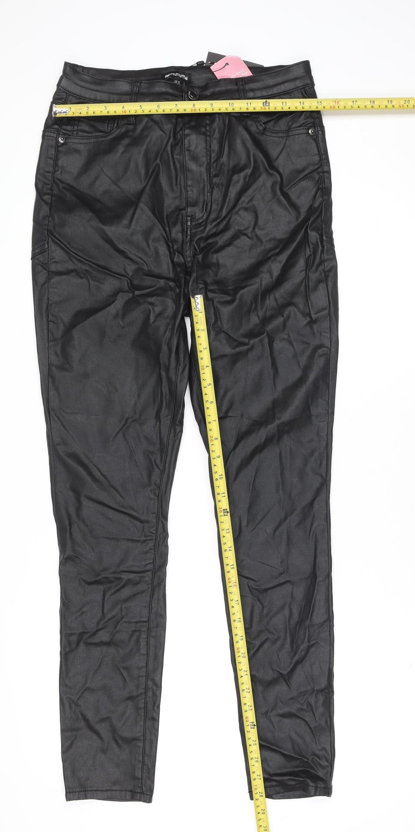 PrettyLittleThing Women's Black Faux Leather High Rise Skinny Trousers Size 12