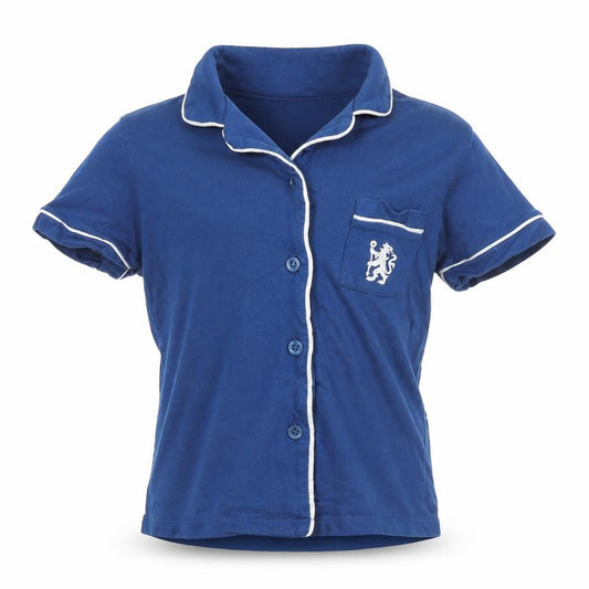 Front view of Chelsea FC boys’ blue button-up shirt 4-5 years cotton logo top