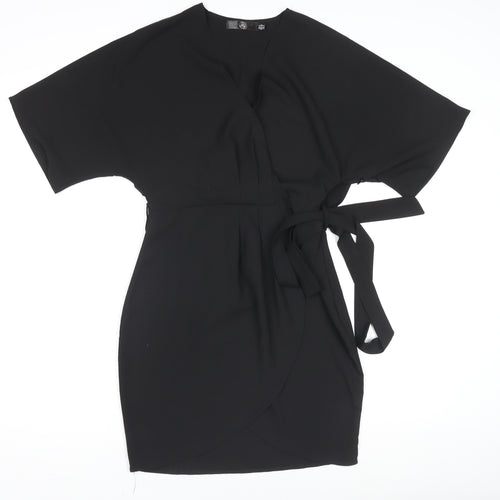 Missguided Women’s Black Wrap Dress Size 8 Short Sleeve V-Neck