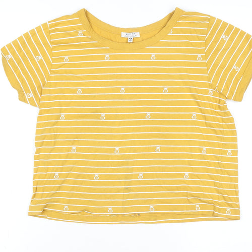 Messy Bun Just Chillin' Yellow Striped Cotton Short Sleeve Women's T-Shirt Size M