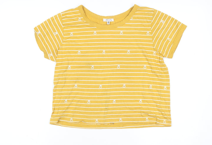 Messy Bun Just Chillin' Yellow Striped Cotton Short Sleeve Women's T-Shirt Size M