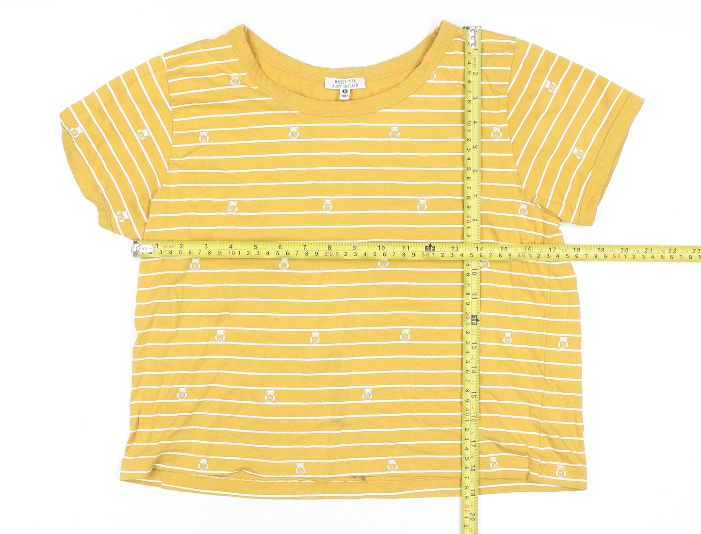 Messy Bun Just Chillin' Yellow Striped Cotton Short Sleeve Women's T-Shirt Size M