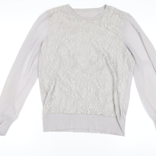 Oasis Women Grey Lace Front Cotton Blend Long Sleeve Jumper L