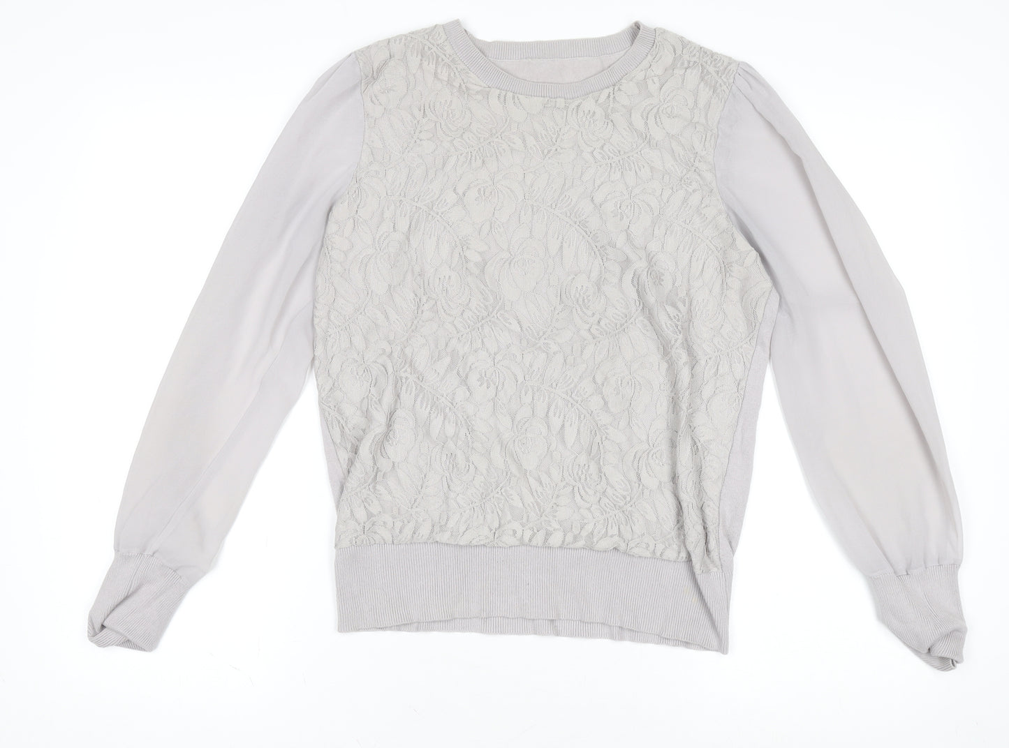Oasis Women Grey Lace Front Cotton Blend Long Sleeve Jumper L