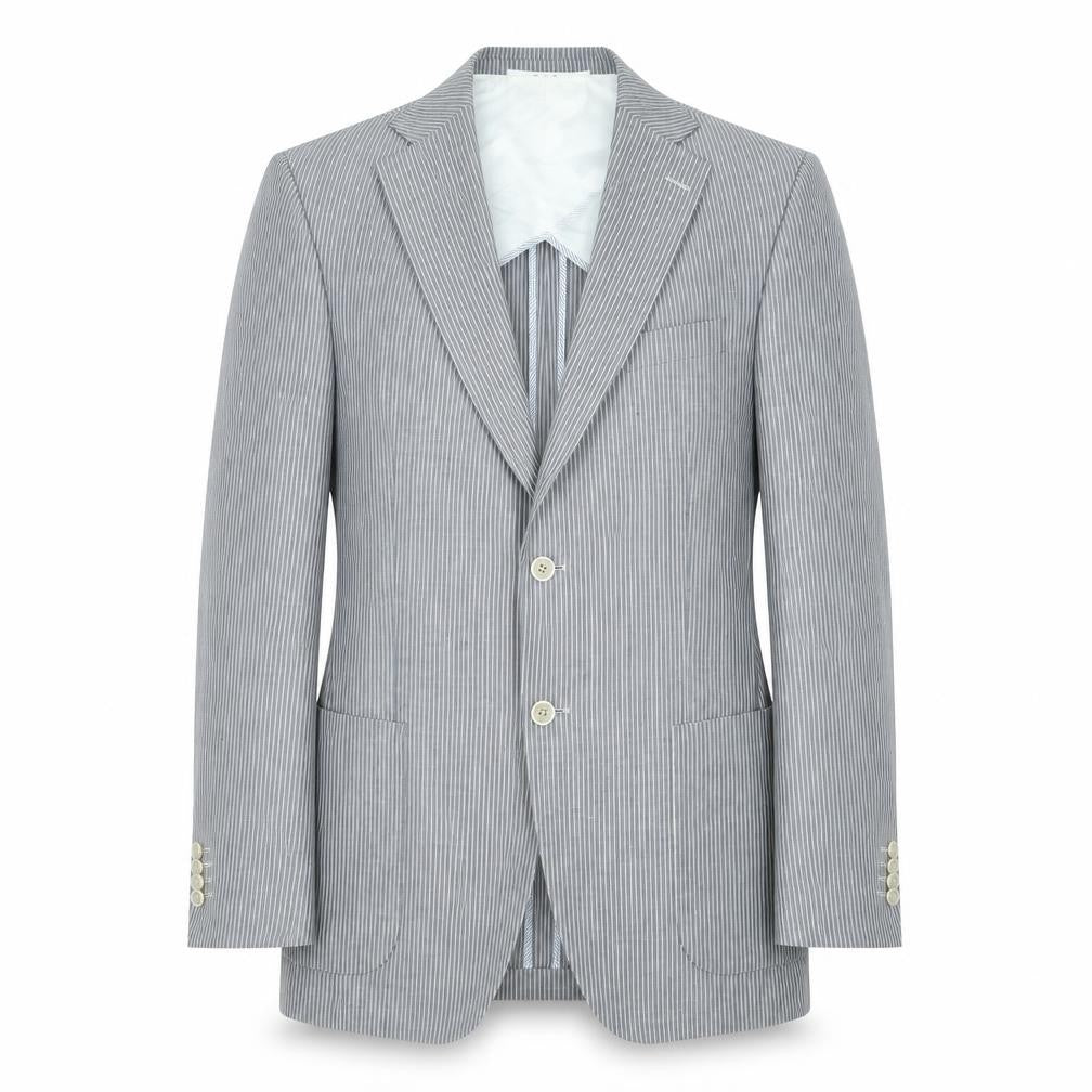 Front view of Tommy Hilfiger Men's Grey Striped Wool Blazer Jacket 48 Regular
