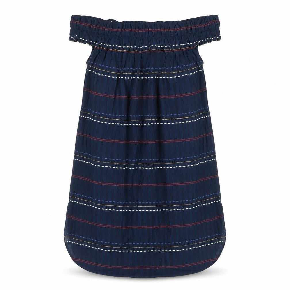 Front view of Next Women's Blue Striped Off Shoulder Cotton Shift Dress, size 14