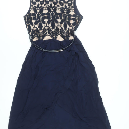 Oasis Women Blue Lace Belted Fit & Flare Dress UK 12