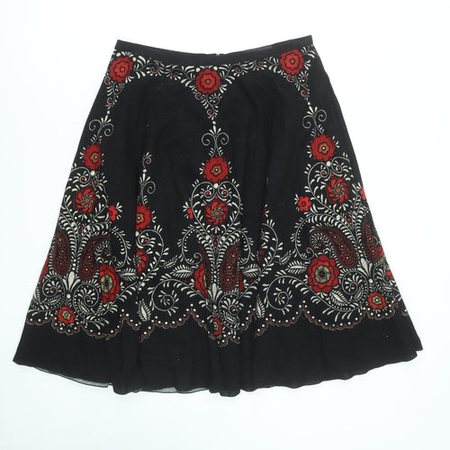 Oui Set Women's Black Red Embroidered Cotton A-Line Skirt Size 12