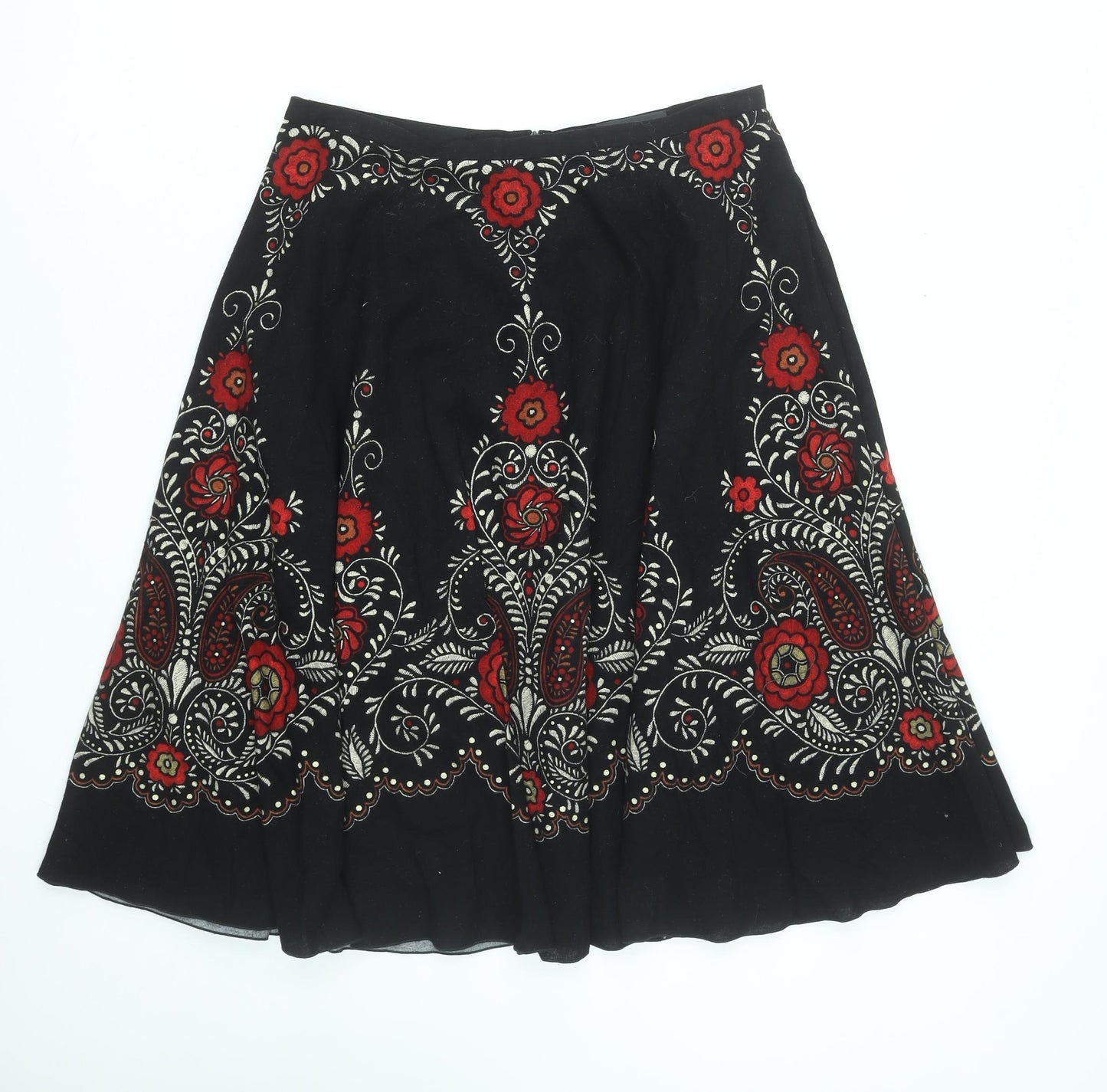 Oui Set Women's Black Red Embroidered Cotton A-Line Skirt Size 12