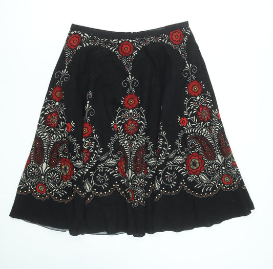 Oui Set Women's Black Red Embroidered Cotton A-Line Skirt Size 12