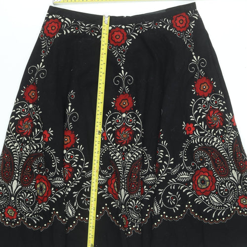 Oui Set Women's Black Red Embroidered Cotton A-Line Skirt Size 12