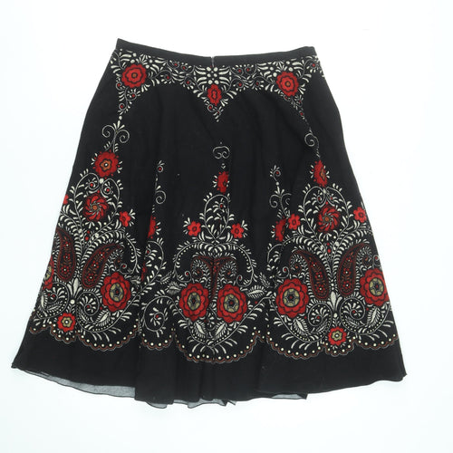 Oui Set Women's Black Red Embroidered Cotton A-Line Skirt Size 12