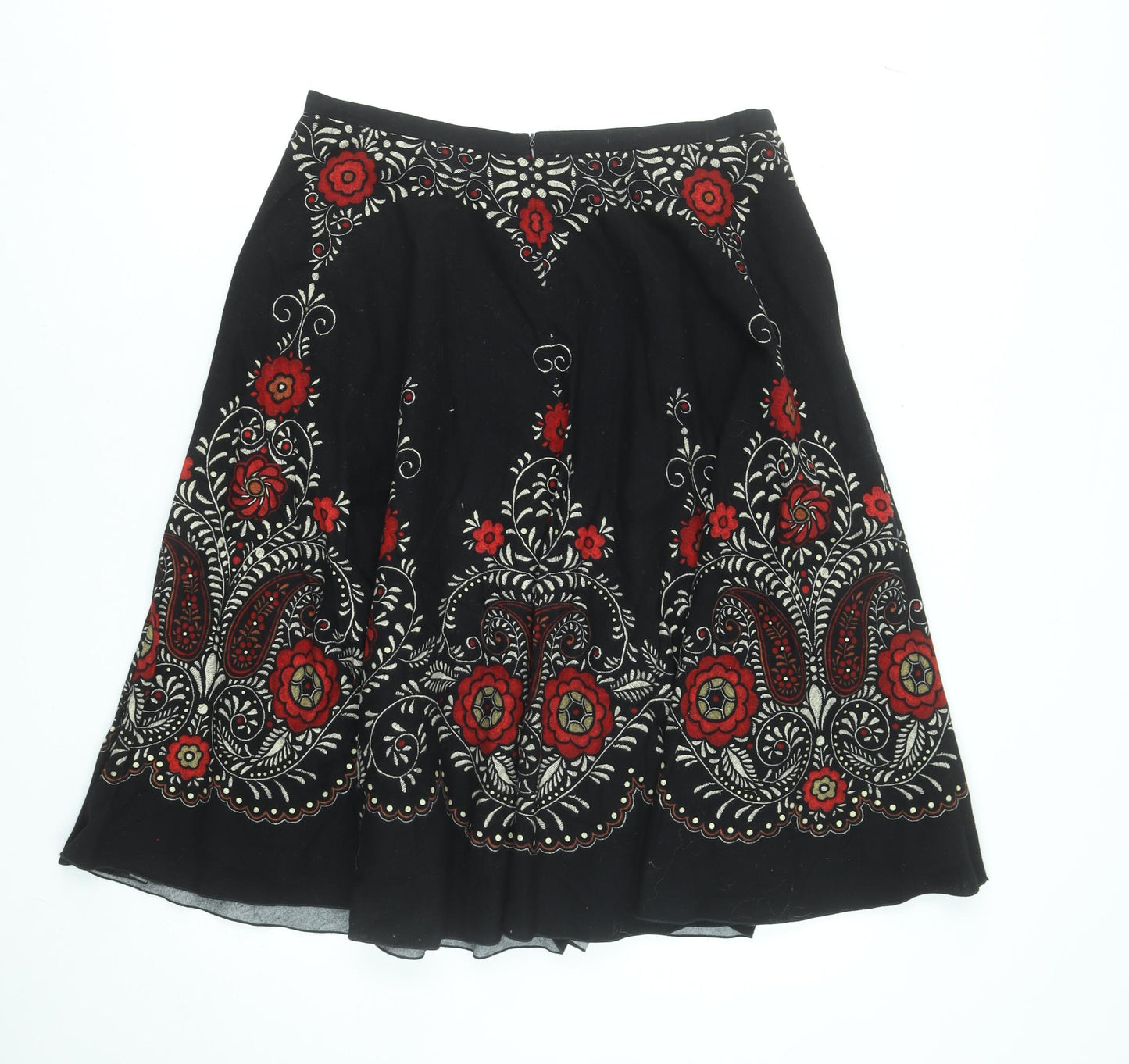 Oui Set Women's Black Red Embroidered Cotton A-Line Skirt Size 12